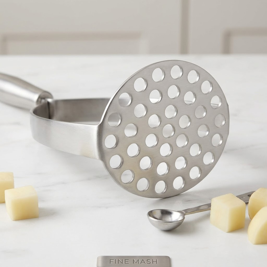 Navopalo Premium Stainless Steel Potato Masher - Heavy-Duty Ergonomic Kitchen Masher for Perfect Purees & Mashed Root Vegetables - Minimalist Professional Grade Tool