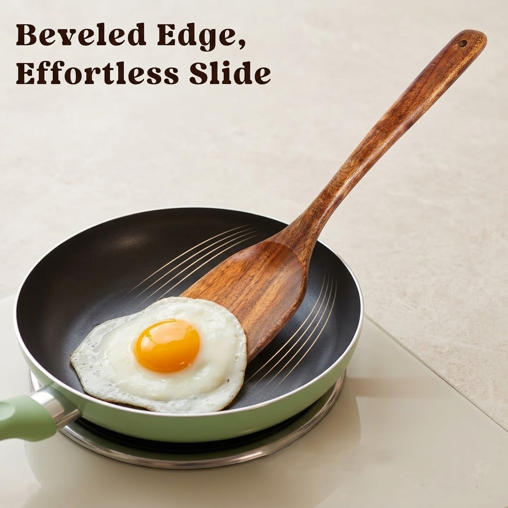 Navopalo 2-Piece Acacia Wood Spatula Set, Solid & Slotted Kitchen Turner with Long Handle for Non-Stick Cookware