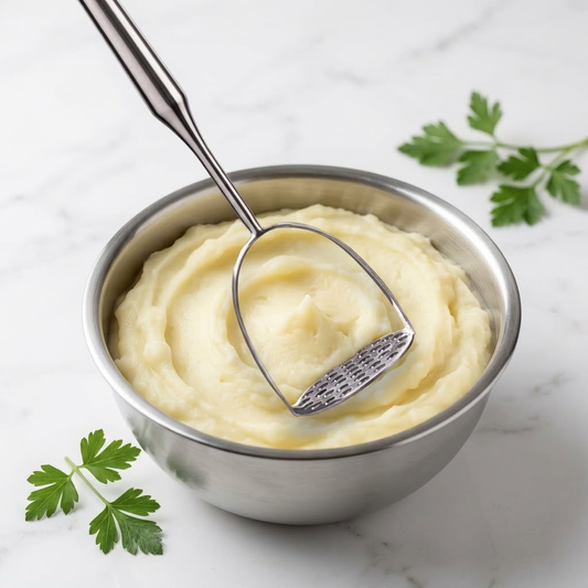 Navopalo Premium Stainless Steel Potato Masher - Heavy-Duty Ergonomic Kitchen Masher for Perfect Purees & Mashed Root Vegetables - Minimalist Professional Grade Tool