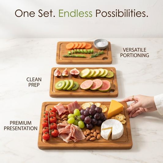 Navopalo Double-Sided Deep Carbonized Bamboo Cutting Board with Non-Slip Wood Stand - Professional Grade Chopping Board with Juice Well & Easy-Carry Handles