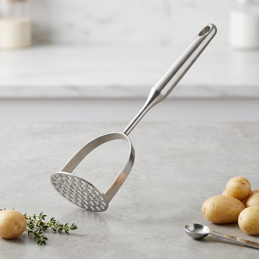 Navopalo Premium Stainless Steel Potato Masher - Heavy-Duty Ergonomic Kitchen Masher for Perfect Purees & Mashed Root Vegetables - Minimalist Professional Grade Tool
