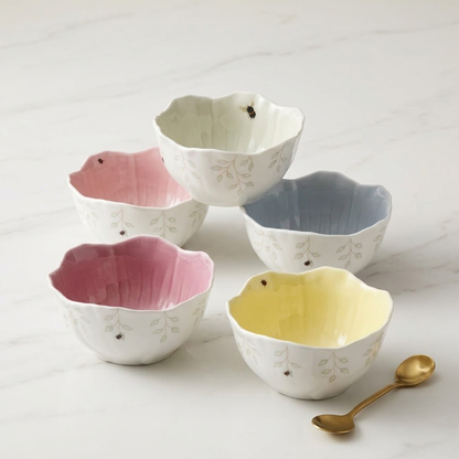 Navopalo Butterfly Meadow Floral Dessert Bowls (Set of 4) – Premium Porcelain Pink Ruffled Edge Bowls for Fruit, Ice Cream & Cereal – Elegant Botanical Dining Collection