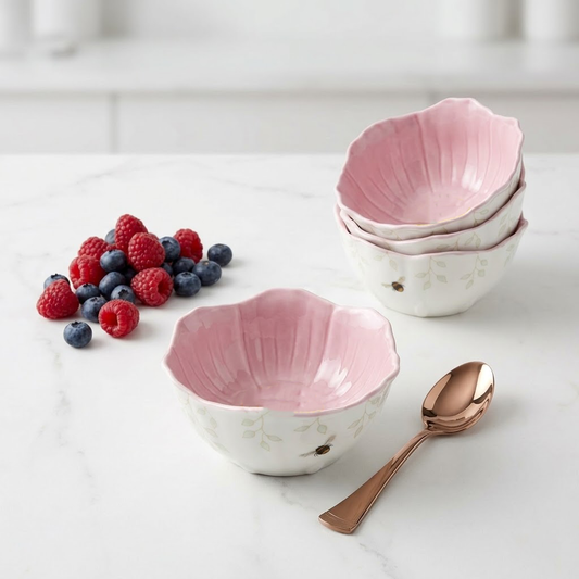 Navopalo Butterfly Meadow Floral Dessert Bowls (Set of 4) – Premium Porcelain Pink Ruffled Edge Bowls for Fruit, Ice Cream & Cereal – Elegant Botanical Dining Collection