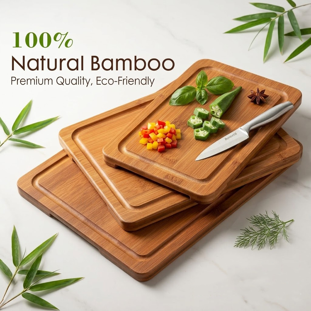 Navopalo Double-Sided Deep Carbonized Bamboo Cutting Board with Non-Slip Wood Stand - Professional Grade Chopping Board with Juice Well & Easy-Carry Handles