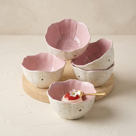 Navopalo Butterfly Meadow Floral Dessert Bowls (Set of 4) – Premium Porcelain Pink Ruffled Edge Bowls for Fruit, Ice Cream & Cereal – Elegant Botanical Dining Collection