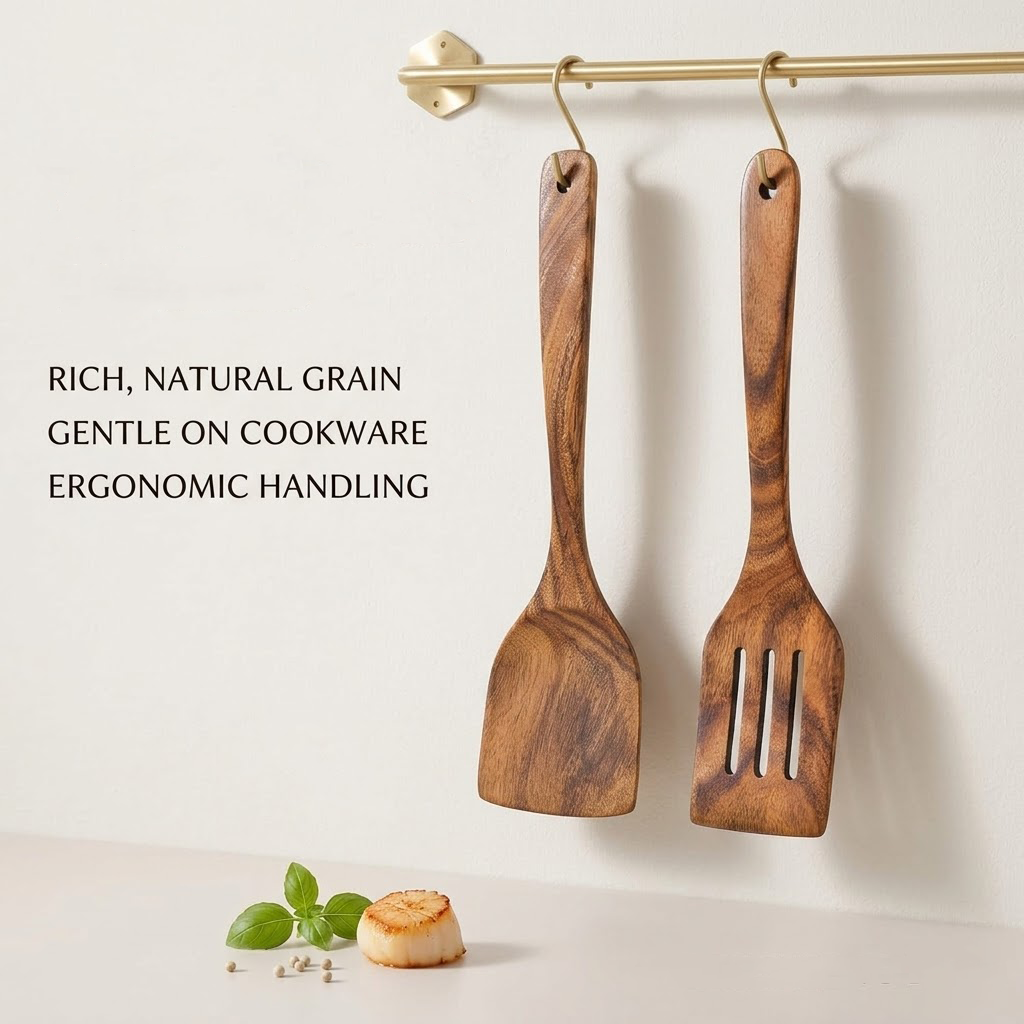 Navopalo 2-Piece Acacia Wood Spatula Set, Solid & Slotted Kitchen Turner with Long Handle for Non-Stick Cookware