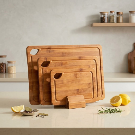 Navopalo Double-Sided Deep Carbonized Bamboo Cutting Board with Non-Slip Wood Stand - Professional Grade Chopping Board with Juice Well & Easy-Carry Handles
