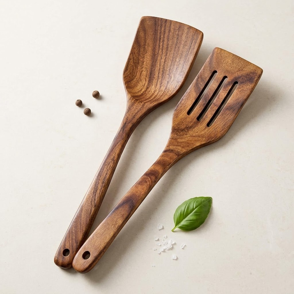 Navopalo 2-Piece Acacia Wood Spatula Set, Solid & Slotted Kitchen Turner with Long Handle for Non-Stick Cookware